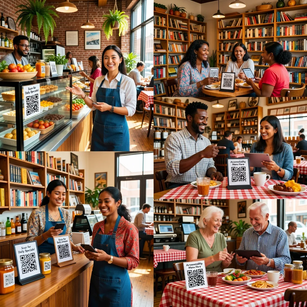 Small business owners using QR codes in their shops showing accessibility and ease of use