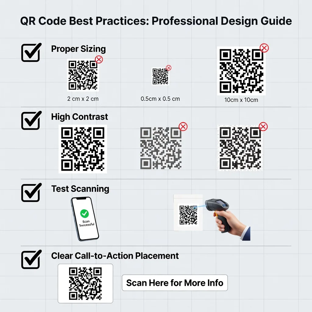 Checklist illustration of QR code best practices for sizing, contrast, and placement