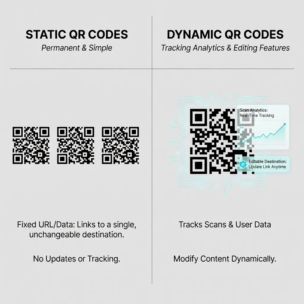 Visual comparison of static QR codes versus dynamic QR codes with tracking and analytics features