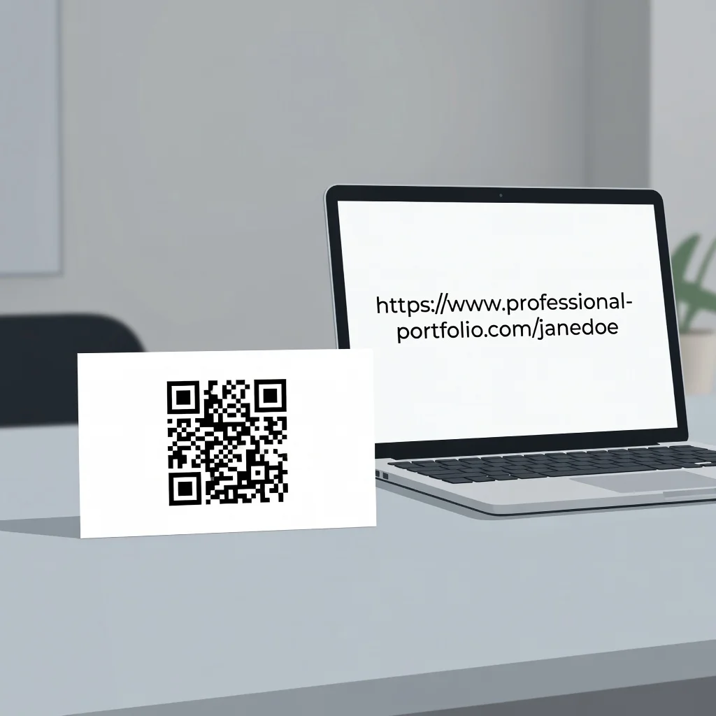 Static QR code printed on a business card next to a laptop showing the linked URL