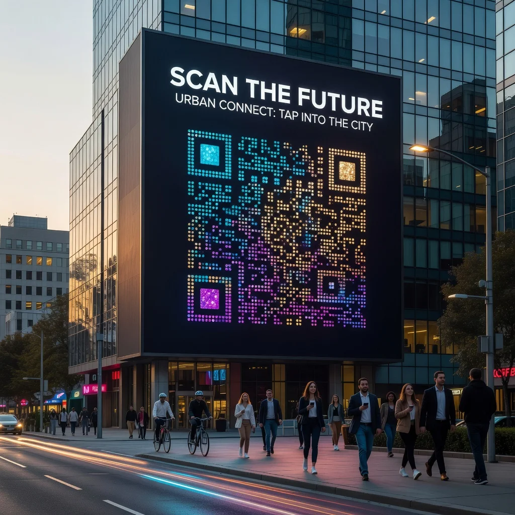 QR-Code mit künstlerischem Punktmuster auf einer städtischen Werbetafel