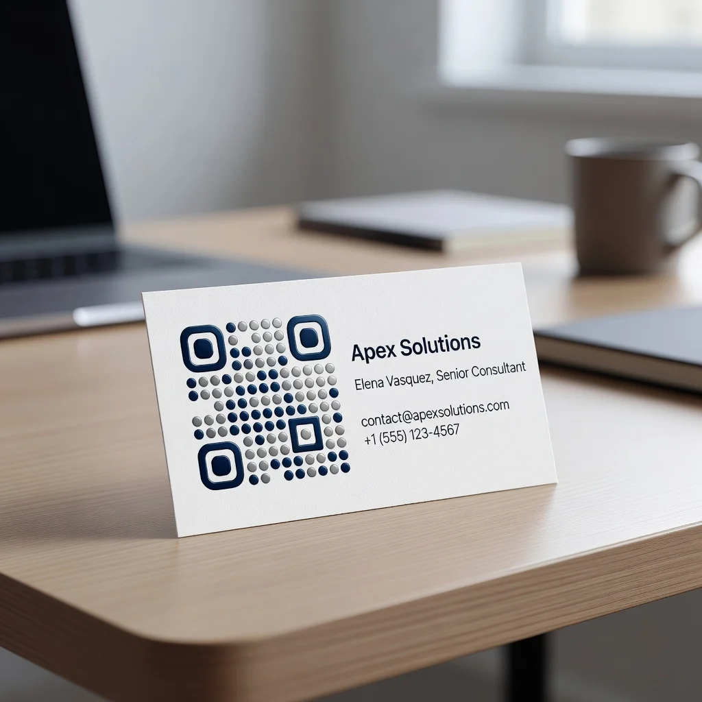 Custom QR code with circular dot pattern on a professional business card