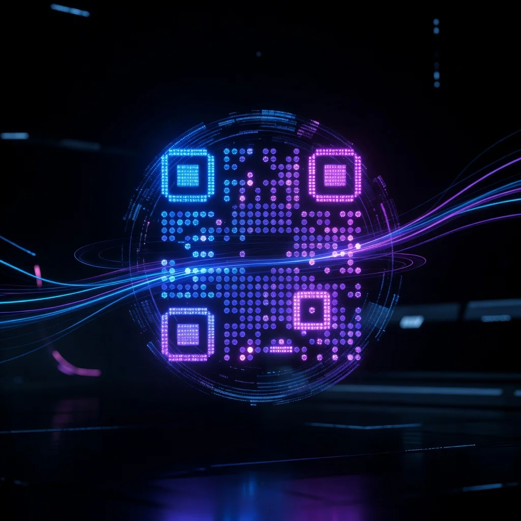 Futuristic holographic QR code with circular dot pattern and neon glow