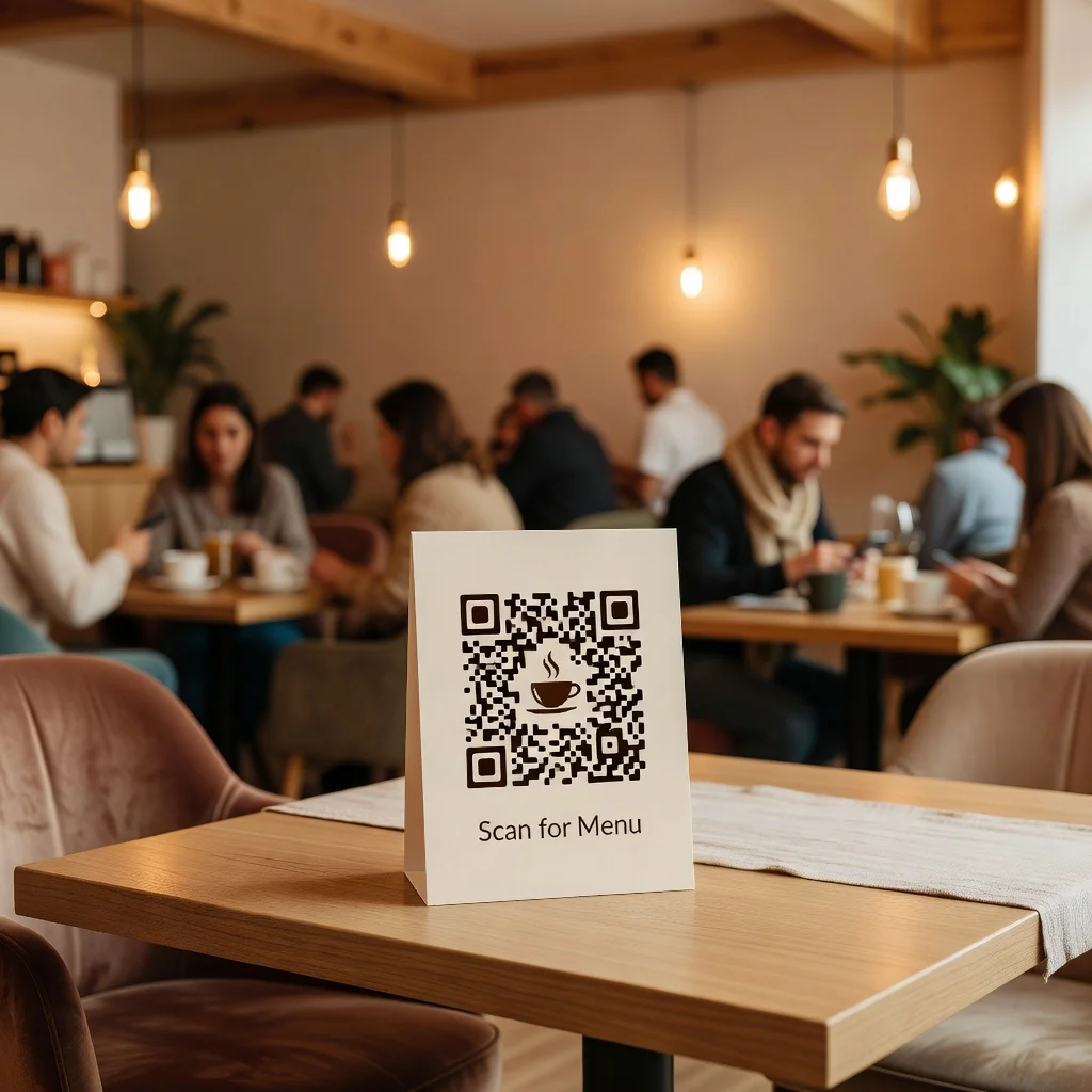 Cozy cafe interior with a branded QR code menu on the table