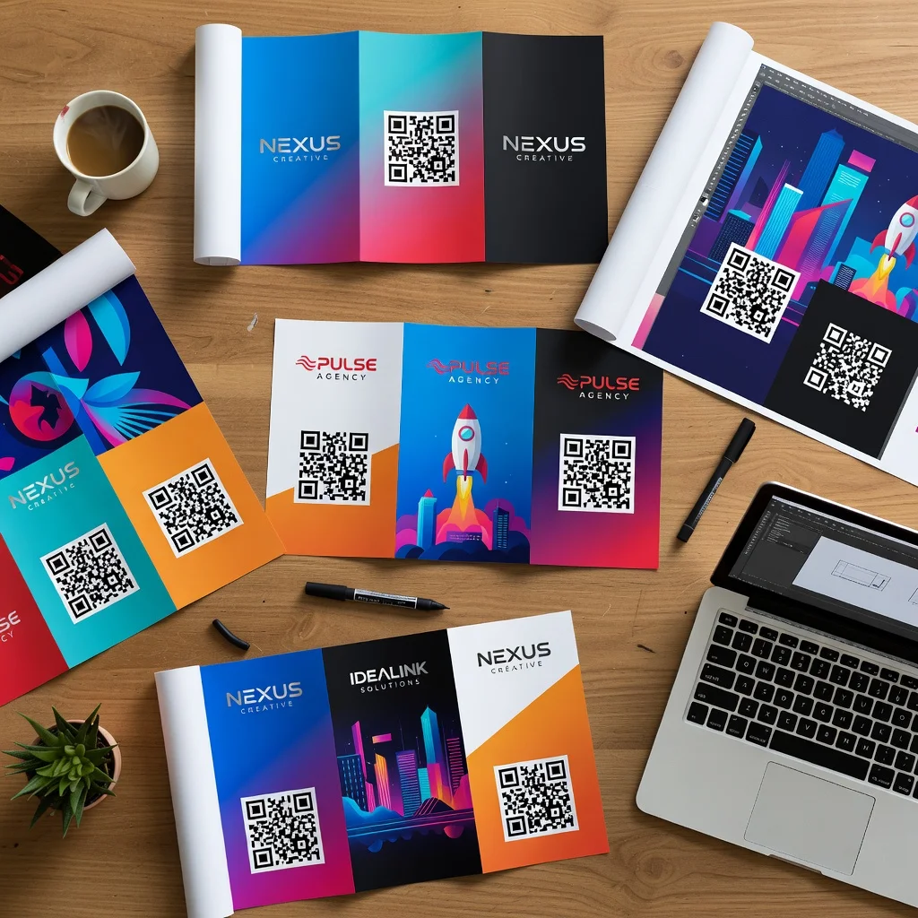 Marketing print materials with branded QR codes on brochures and flyers