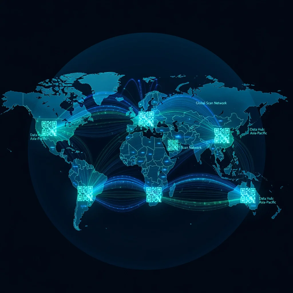 Visualització del mapa mundial amb punts d'escaneig QR brillants a tots els continents