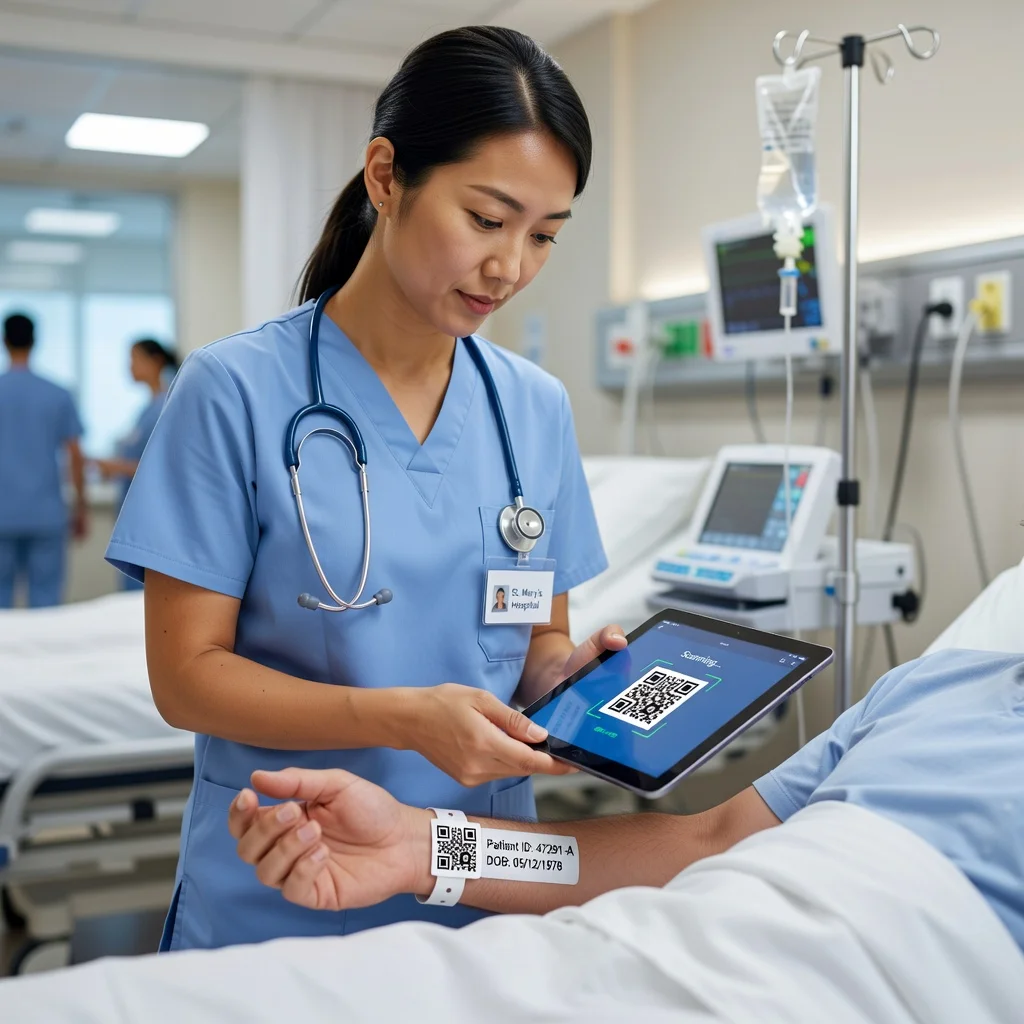 Healthcare professional scanning a QR code on a patient wristband
