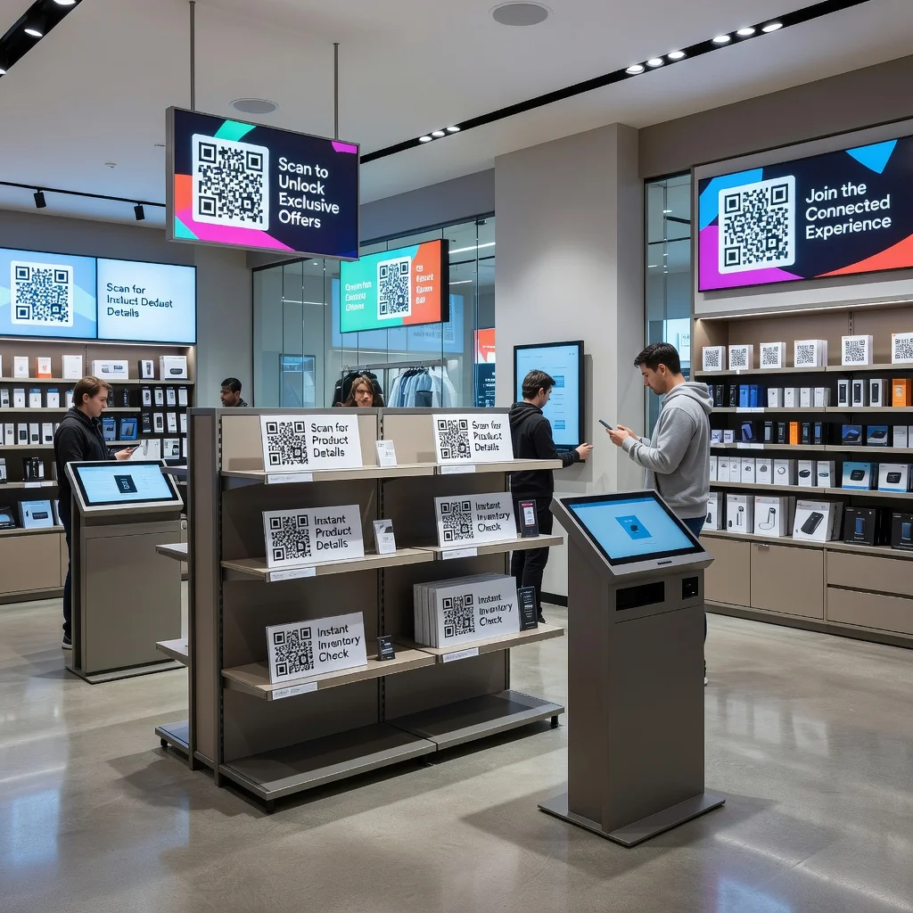 Modern retail store with QR code touchpoints on product displays and promotional signs