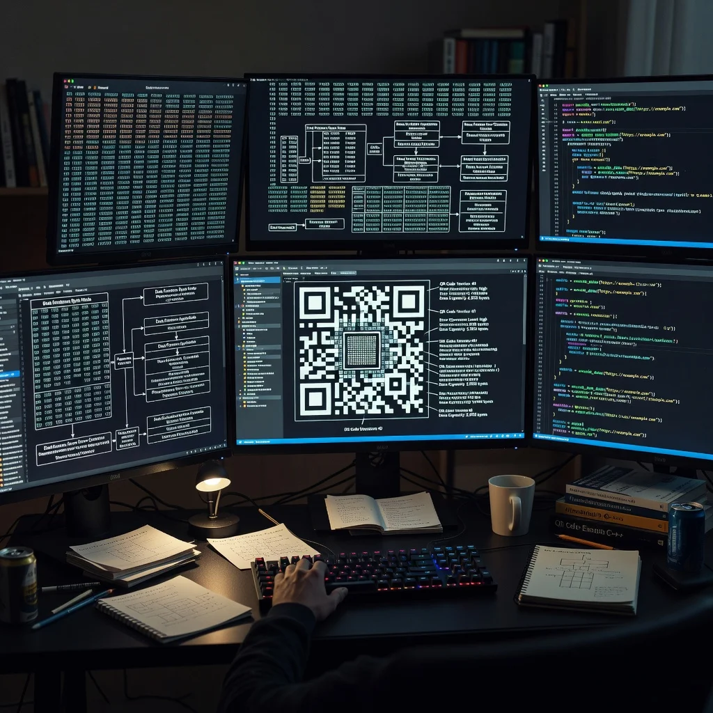 Developer workspace with monitors showing QR code data structure and algorithms