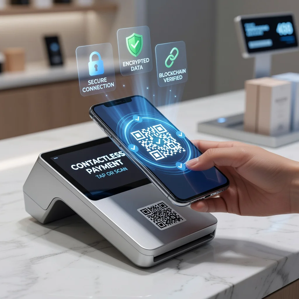 Smartphone scanning a QR code for contactless payment at a retail terminal