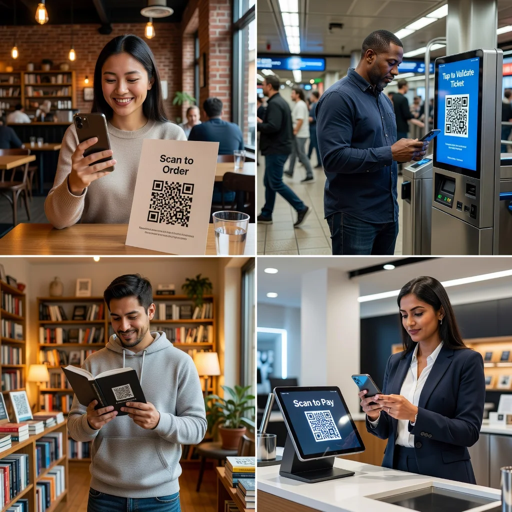 People scanning QR codes with smartphones in various everyday settings